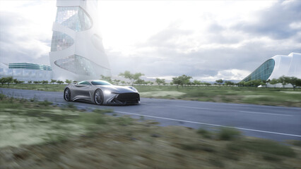 Wall Mural - futuristic sport car very fast driving on highway. futuristic city concept. 3d rendering.