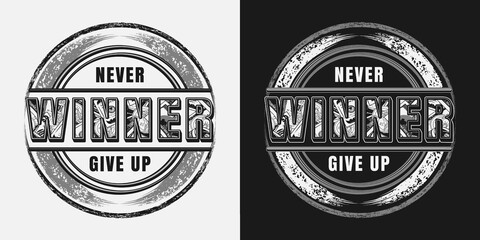 Wall Mural - Round label with word Winner, grunge paint brush strokes, text, 100 US dollar bills, gold coins inside of letters. Motivational quote Winner Never Give up. Apparel, t shirt design on white background