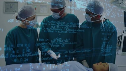 Wall Mural - Animation of data processing over team of surgeons discussing together at hospital