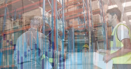Poster - Animation of data processing over caucasian senior supervisor and male worker working at warehouse