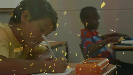 Poster - Animation of golden confetti falling against portrait of indian boy studying in the class at school