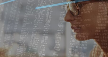 Poster - Animation of data processing against close up of a caucasian woman drinking coffee