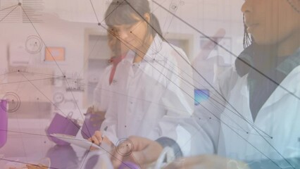Poster - Animation of network of connections against team of diverse scientists working at laboratory