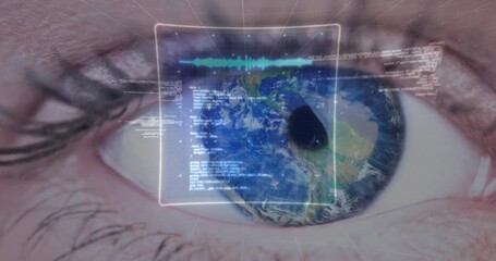 Wall Mural - Animation of digital screen with data processing over eye of caucasian woman