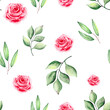 Seamless pattern with a rose, a green branch of eucalyptus. Watercolor floral background for textiles, wallpaper, packaging and bed linen.