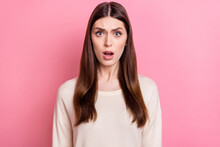 Portrait Of Attractive Worried Desperate Brown Haired Girl Bad News Reaction Isolated Over Pink Pastel Color Background
