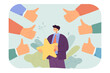 Popular worker holding star and colleagues giving thumbs up. Hands of people, successful employee flat vector illustration. Reputation or popularity, success concept for banner or landing web page