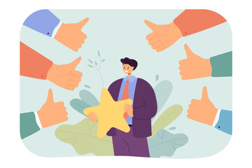 Poster - Popular worker holding star and colleagues giving thumbs up. Hands of people, successful employee flat vector illustration. Reputation or popularity, success concept for banner or landing web page