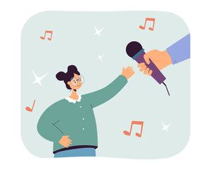 Poster - Hand of person giving microphone to cartoon girl. Talent show or karaoke, female singer taking mic flat vector illustration. Hobby, success, music concept for banner, website design or landing page