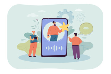 Poster - Video call or voice message from friend on huge phone screen. Man talking to colleague via mobile app flat vector illustration. Communication, technology concept for banner or landing web page