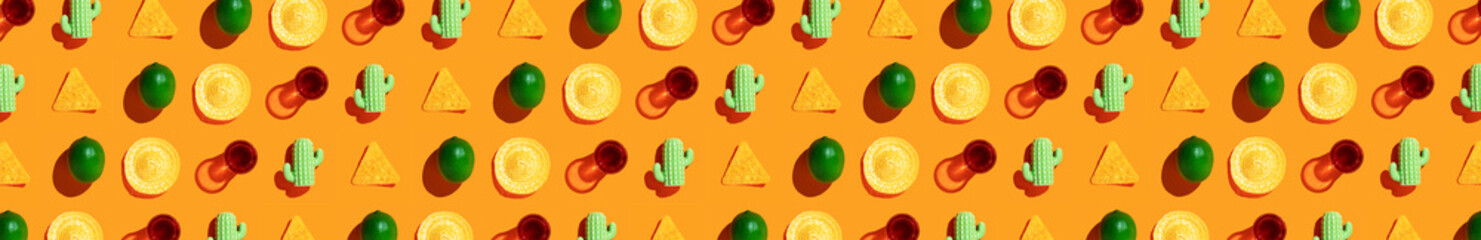 Mexican style pattern on orange background. Mexican food concept. Restaurant menu, fiesta, celebration