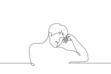 Wall Mural - man sitting resting his head on his hand - one line drawing vector. concept discouragement, fatigue, reflection, apathy, depression