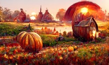 Fantasy Autumn Rural Landscape With Giant Pumpkins On A Field. Beautiful Autumn Sky. Digital Painting Illustration.