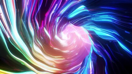 Poster - Abstract tunnel of a multicolor spectrum background. Bright rays of neon light and colorful glowing lines moving speed through the dark. 3d render