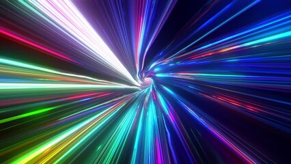 Poster - Abstract tunnel of a multicolor spectrum background. Bright rays of neon light and colorful glowing lines moving speed through the dark. 3d render
