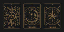 Tarot Deck Card Set Illustration. The Sun, The Moon And The Star Golden Tarot Card Vector. Vintage Mystic Sun, Moon And Star Tarot Card In Ornamental Line Art Style Isolated On Black Background.