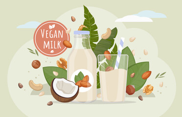 Wall Mural - Vegan milk concept. Alternative non-dairy vegetarian drink for plant based diet, healthy organic lactose free nut milk from almonds, cashews, pine nuts, coconut or walnuts  Scene with stamp