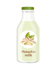 Wall Mural - Vegan pistachio milk in glass bottle, alternative non dairy drink, vector Illustration on white background