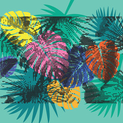 Wall Mural - Tropical banner with leaves and abstract dotted shapes on blue background. Exotic botanical design for cosmetics, perfume, health care products, promo. Summer poster. Vector illustration.