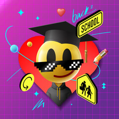 Back to school. Web banner with emoji smiling face in graduation hat and social media icons. Training courses, digital learning