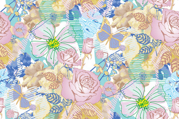  Seamless abstract floral pattern. Fashion textiles, fabric, packaging. 