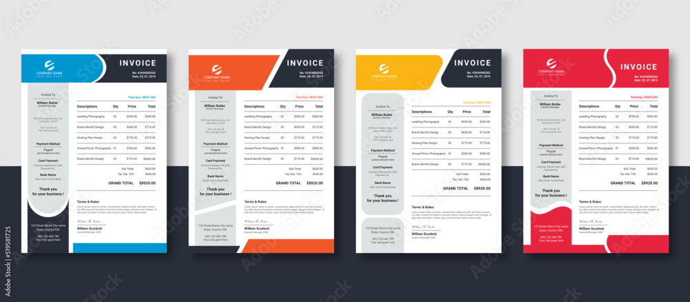 Invoice layout template bundle with 4 different colors, creative ...