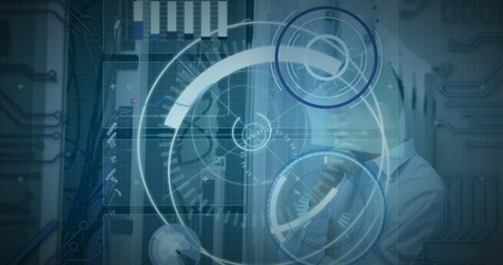 Poster - Animation of 5g text, scopes scanning, data processing over caucasian male it engineer and servers