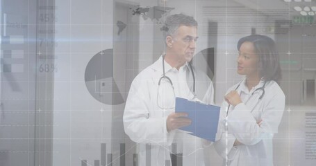 Wall Mural - Animation of data processing over diverse doctors