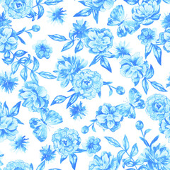  Floral seamless background. Pattern with beautiful watercolor flowers. Botanical hand drawn illustration. Texture for print, fabric, textile, packing.