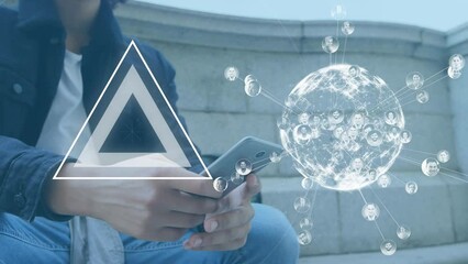 Poster - Animation of shapes and globe with network of connections over biracial man using smartphone