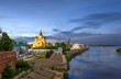 Panoramic view of the Volga River and the cathedral in the name of the holy prince Alexander Nevsky in the evening. Nizhny Novgorod, Russia.