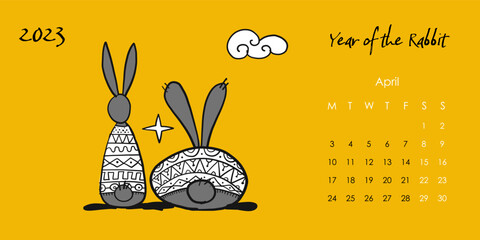 Happy chinese new year 2023 of the rabbit zodiac sign. Calendar template. Funny Bunnies concept art. Christamas background. Vector illustration