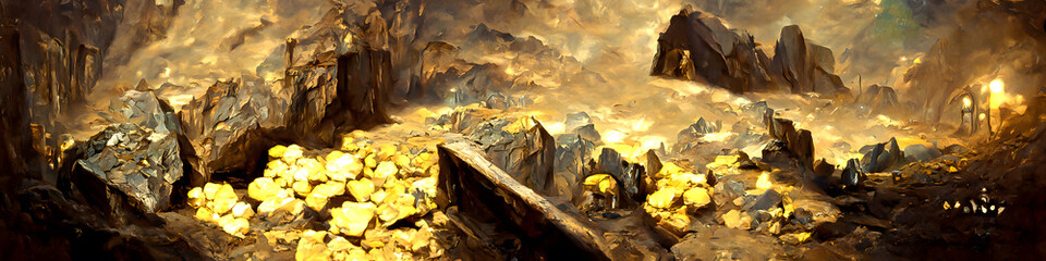 Artistic painting concept of gold mine and small gold nuggets lie scattered on the ground. Creative Design, natural colors, digital art style, illustration painting.