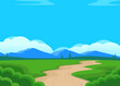 © SON OF MY  FATHER - Vector landscape in cartoon style with field, dusty road, mountains on background, and clouds. Green lawn. Nature illustration. Way.