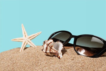 Sticker - Womens frame sunglasses on beach. Trendy sunglasses. Summer fashionable accessories. Optic store discount, sale.