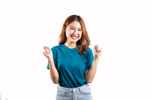 A Cheerful And Graceful Asian Woman Smiles Happily And Makes Various Hand Gestures On A White Background.