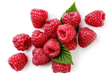 Raspberries With Leaves Close-up On A White Background. Top View