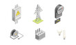 © Happypictures - Electric equipment set. Electrical power objects isometric vector illustration