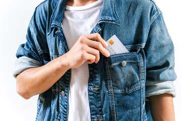 person using credit card pay in pocket. cool man hand put card in pocket. customer using credit card from pocket. man holding card showing business credit service from pocket. card deal discount