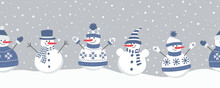 Cute Snowmen Rejoice In Winter Holidays. Seamless Border. Christmas Background. Five Different Snowmen In Blue Winter Clothes Under The Snow. Can Be Used As A Template For A Greeting Card. Vector