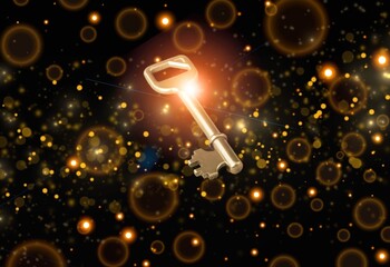 Poster - Golden key with glowing lights and dark background, wisdom, wealth concept