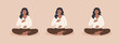 Energy practice. Black woman exhaling and inhaling. Young female doing abdominal exercise. Deep belly breathing. Meditation, diaphragm breathing, pranayama yoga. Vector flat illustration set.