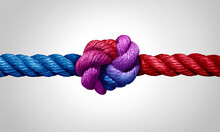 Agreement And Cooperation As A Bipartisan Or Bipartisanship Trust Concept And Connected Symbol As Two Different Ropes Combining And Tied Together