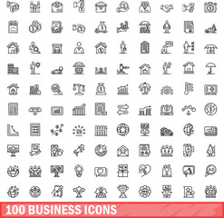 Poster - 100 business icons set. Outline illustration of 100 business icons vector set isolated on white background