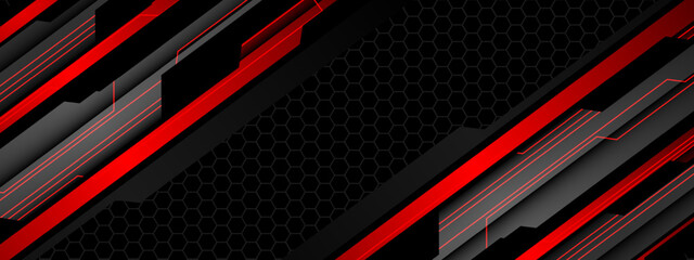 Poster - Abstract red light silver grey metal black cyber futuristic technology geometric on hexagon mesh design modern background vector