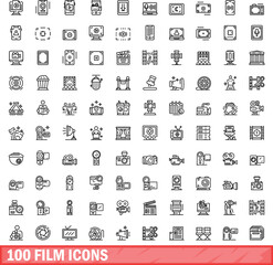 Poster - 100 film icons set. Outline illustration of 100 film icons vector set isolated on white background