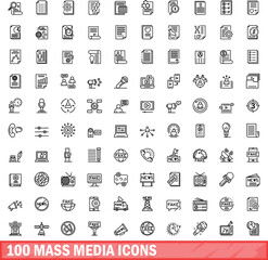 Poster - 100 mass media icons set. Outline illustration of 100 mass media icons vector set isolated on white background