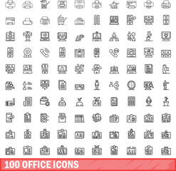 Poster - 100 office icons set. Outline illustration of 100 office icons vector set isolated on white background