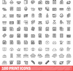 Poster - 100 print icons set. Outline illustration of 100 print icons vector set isolated on white background