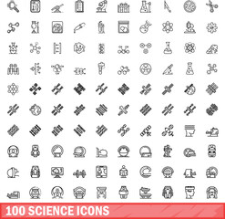 Poster - 100 science icons set. Outline illustration of 100 science icons vector set isolated on white background